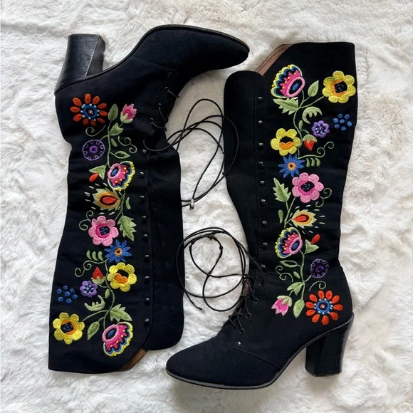💫STUNNING RARE 60s 70s Enosis Greece Jerry Edouard Embroidered Black Gogo Boots - Picture 12 of 15